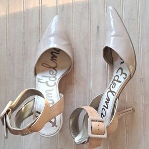 Sam Edelman Okala Nude Pointed Toe High Heels Ankle Strap Leather Upper Sz 8.5